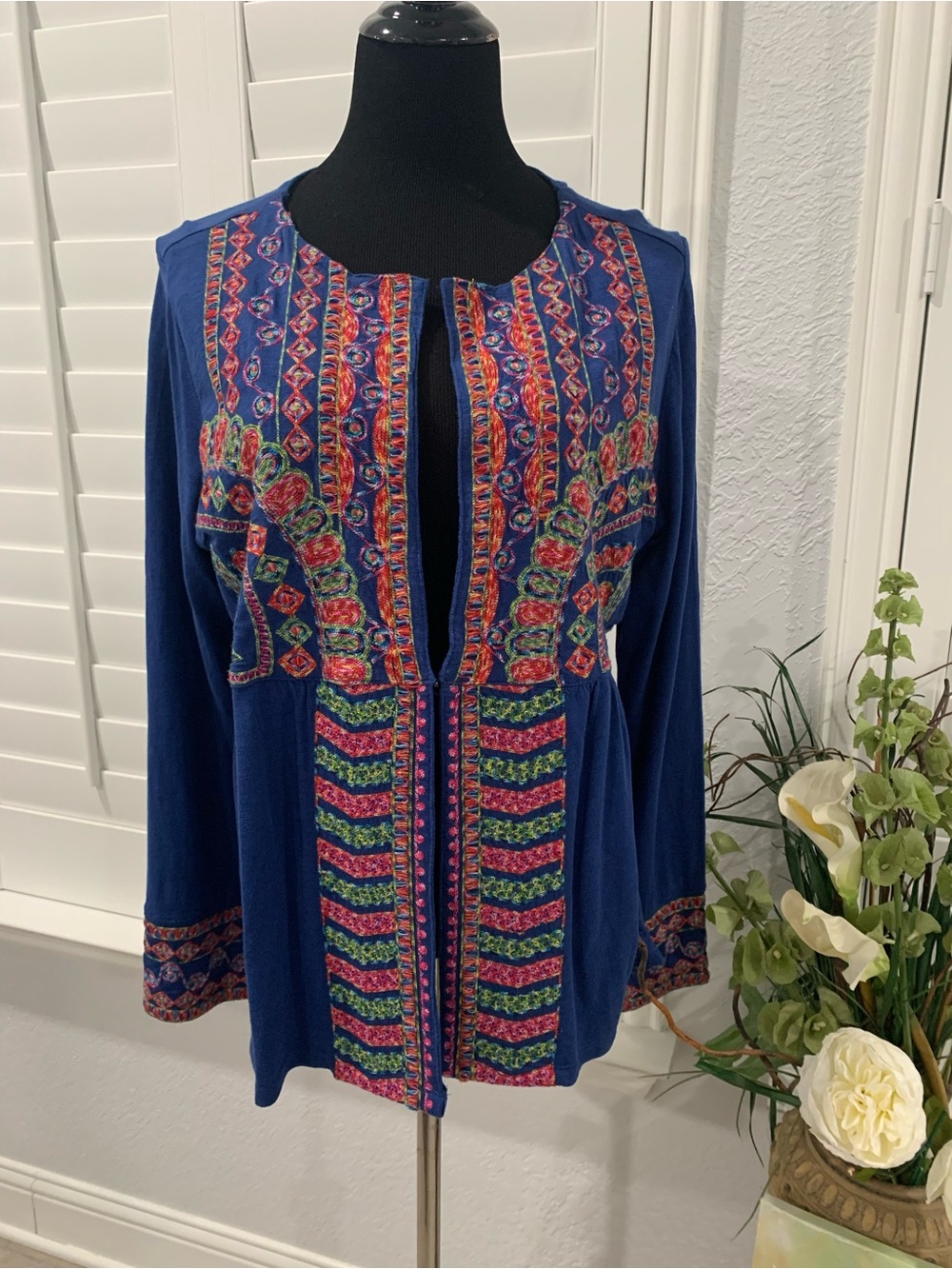 Soft Surroundings Navy Blue Embroidered Open Tunic